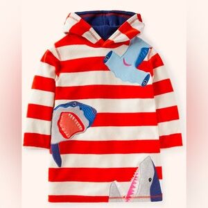 MINI BODEN STRIPED SHARKS TOWELING BATH/POOL HOODIE, 2-3Y